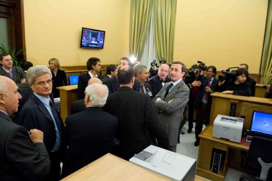 Palazzo Montecitorio - Il Presidente della Camera Gianfranco Fini all'inaugurazione della nuova Sala Stampa
