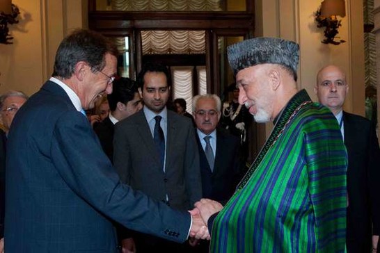 Montecitorio - Il Presidente della Camera dei deputati Gianfranco Fini con il Presidente della Repubblica dell'Afghanistan Hamid Karzai