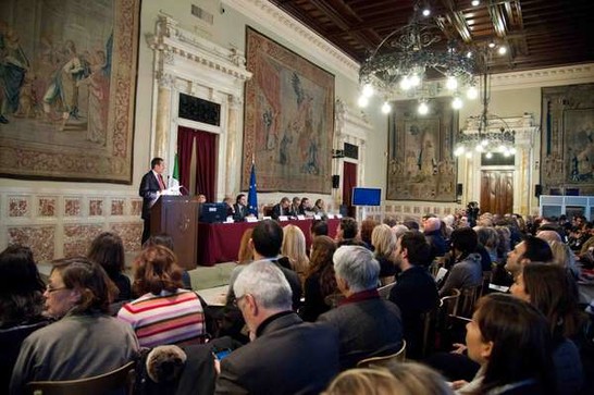 Il Presidente della Camera dei deputati Gianfranco Fini interviene alla presentazione della 'Agenda strategica per la promozione dei diritti online dei minori' in occasione del Safer Internet Day 2012