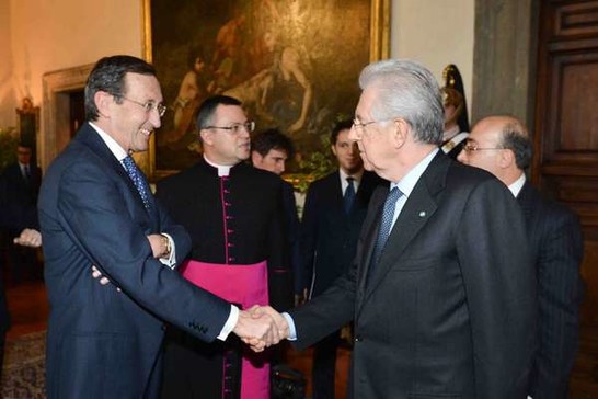 Il Presidente della Camera dei deputati, Gianfranco Fini, con il Presidente del Consiglio dei Ministri, Mario Monti