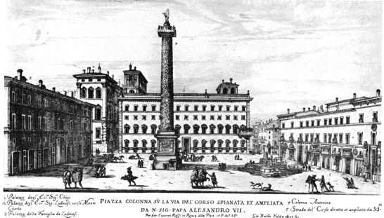 Piazza Colonna sù la Via del Corso spianata et ampliata da N. Sig. Papa Alesandro VII