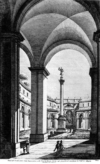 Veduta del Cortile della Curia Innocenziana, nella Piazza di Monte Citorio, col progetto di innalzarvi la Colonna ivi sdraiata