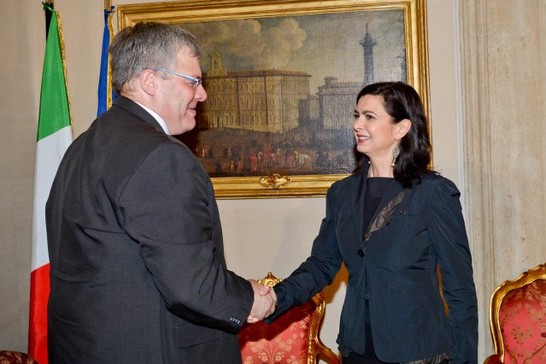 La Presidente della Camera dei deputati, Laura Boldrini, saluta l'Ambasciatore di Israele, Naor Gilon