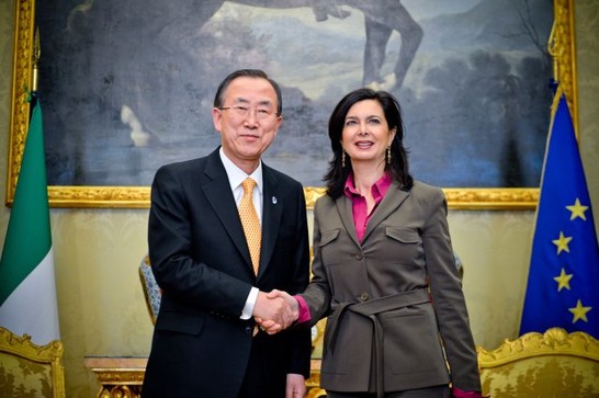 La Presidente della Camera dei deputati, Laura Boldrini, saluta il Segretario Generale delle Nazioni Unite, Ban Ki-moon