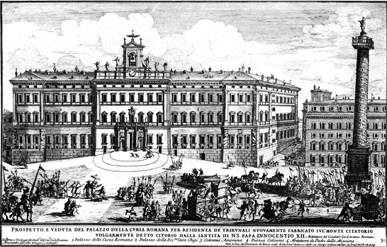 Prospetto e Veduta del Palazzo della Curia Romana per residenza de' Tribunali nuovamente fabbricato sul' Monte Citatorio